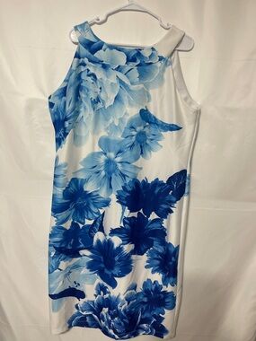 Gabby Skye White and Blue Floral Halter Midi Dress with High Neck